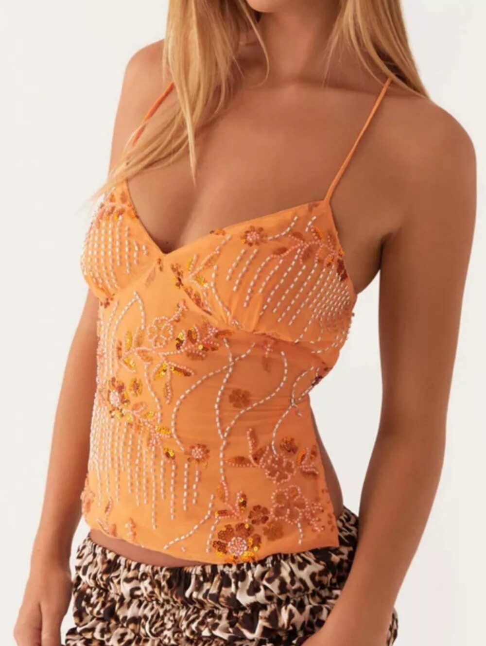 🌸Orange Embroidered Beaded Tie Back Cami